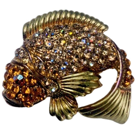 Crystal Japanese Koi Fish Brooch Pin 1.5” Gold Tone Whimsical Fish Vintage - Picture 10 of 16